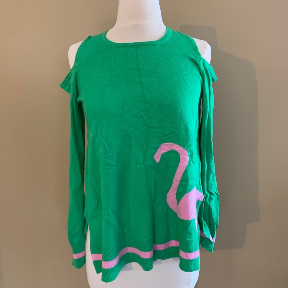 green and pink flamingo cold shoulder sweater